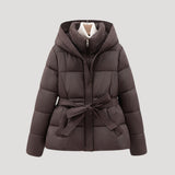 Women’s winter puffer jacket with hood and belt