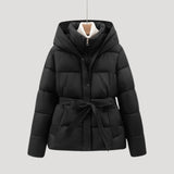 Women’s winter puffer jacket with hood and belt