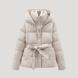 Women’s winter puffer jacket with hood and belt