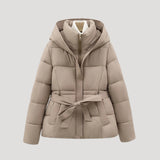 Women’s winter puffer jacket with hood and belt