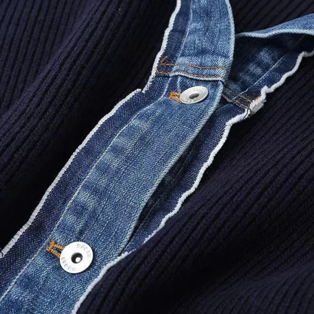 Women’s navy knit cardigan with denim trim