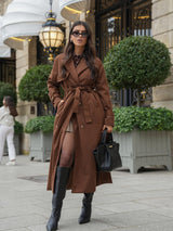 Long Faux Suede Trench Coat with Belted Waist
