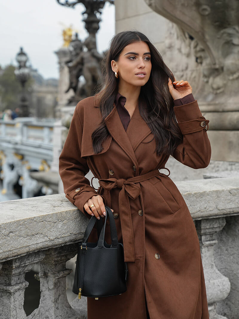Long Faux Suede Trench Coat with Belted Waist
