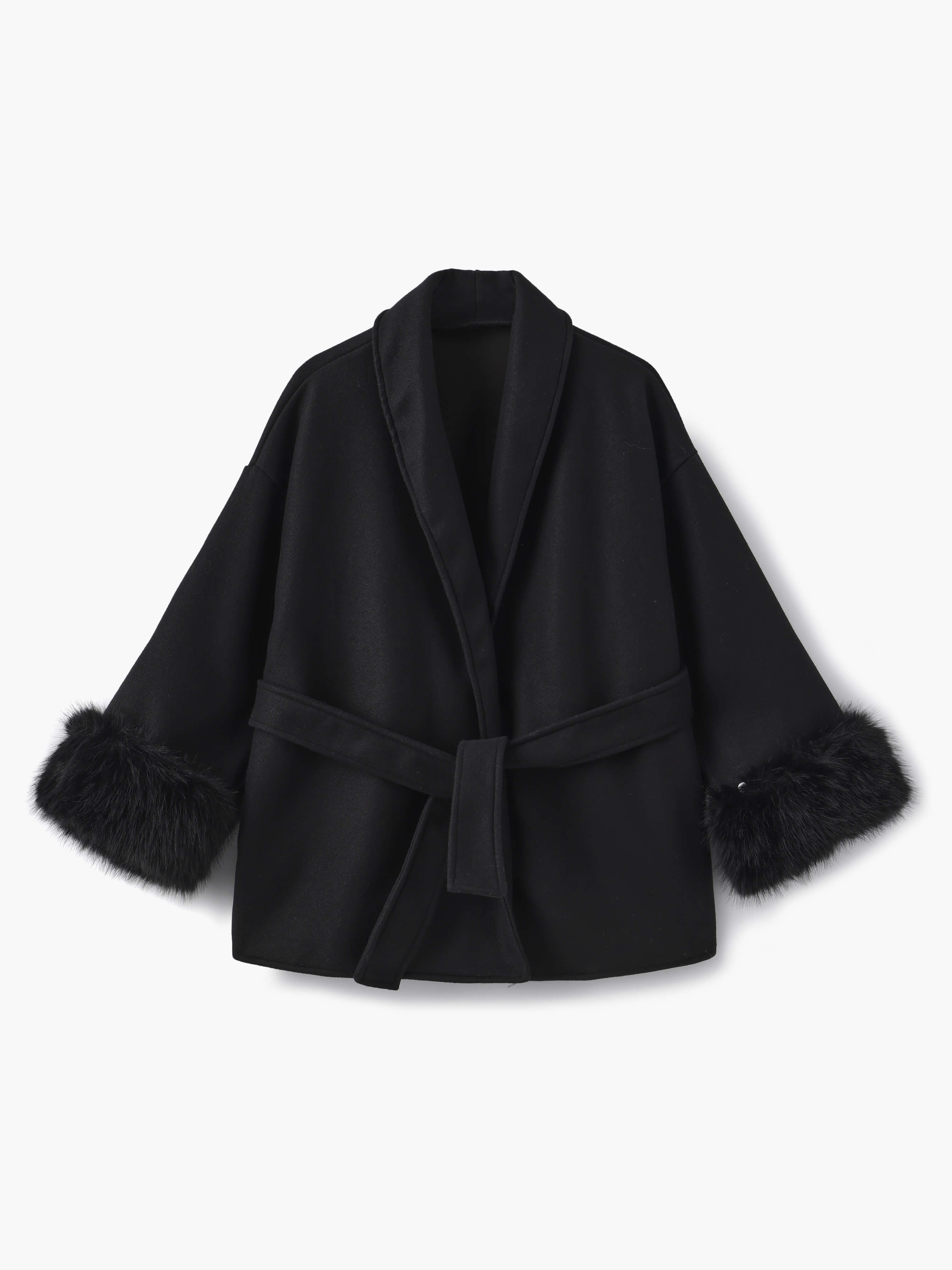 Belted Wool-Blend Wrap Coat with Faux Fur Cuffs
