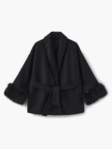 Belted Wool-Blend Wrap Coat with Faux Fur Cuffs
