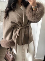 Belted Wool-Blend Wrap Coat with Faux Fur Cuffs
