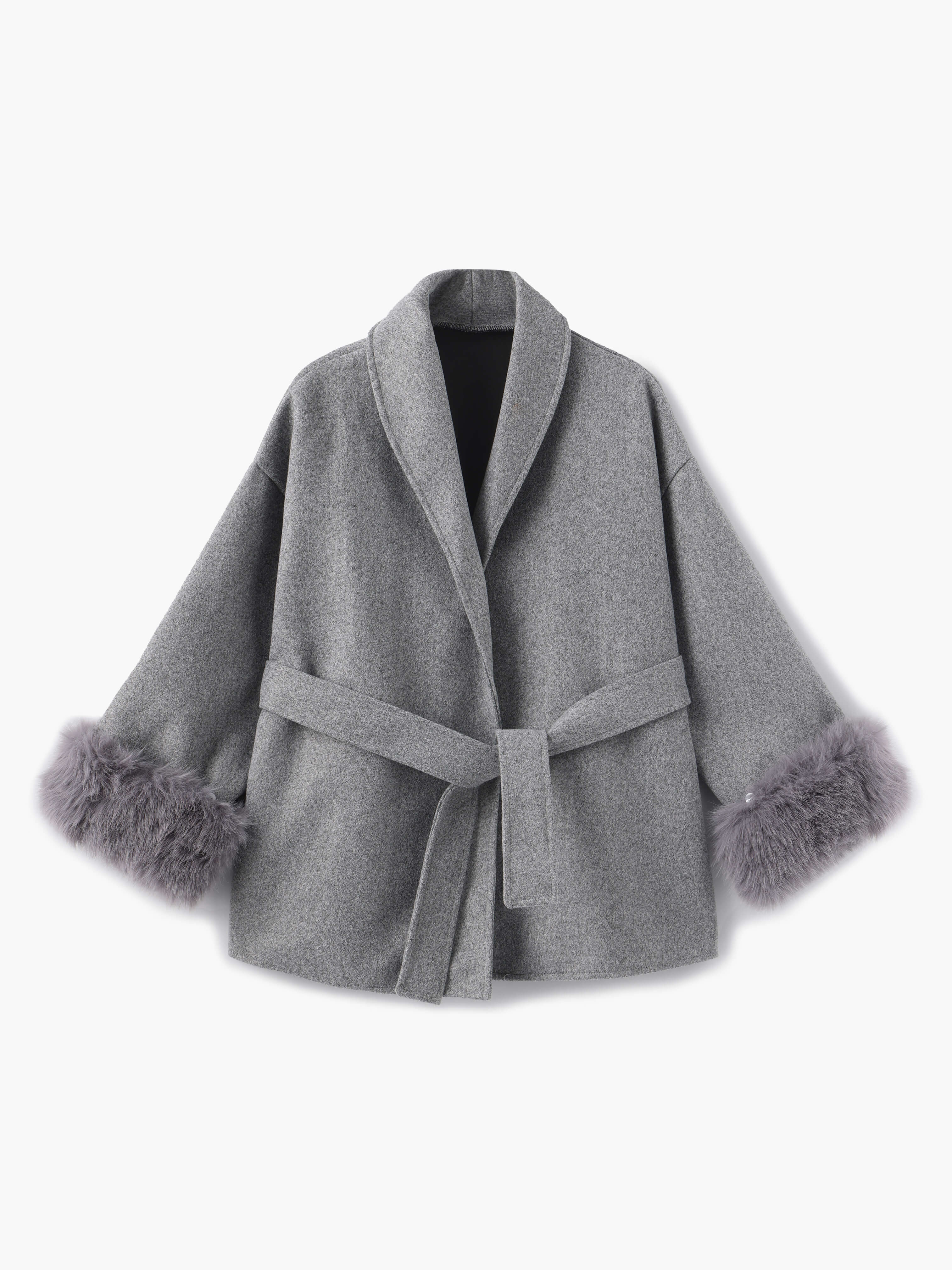 Belted Wool-Blend Wrap Coat with Faux Fur Cuffs