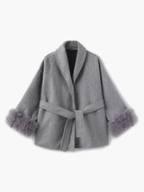 Belted Wool-Blend Wrap Coat with Faux Fur Cuffs