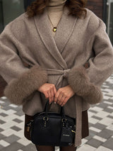 Belted Wool-Blend Wrap Coat with Faux Fur Cuffs