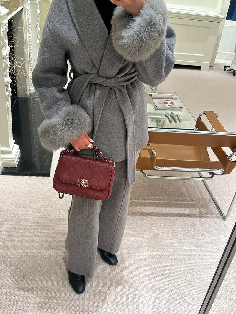 Belted Wool-Blend Wrap Coat with Faux Fur Cuffs