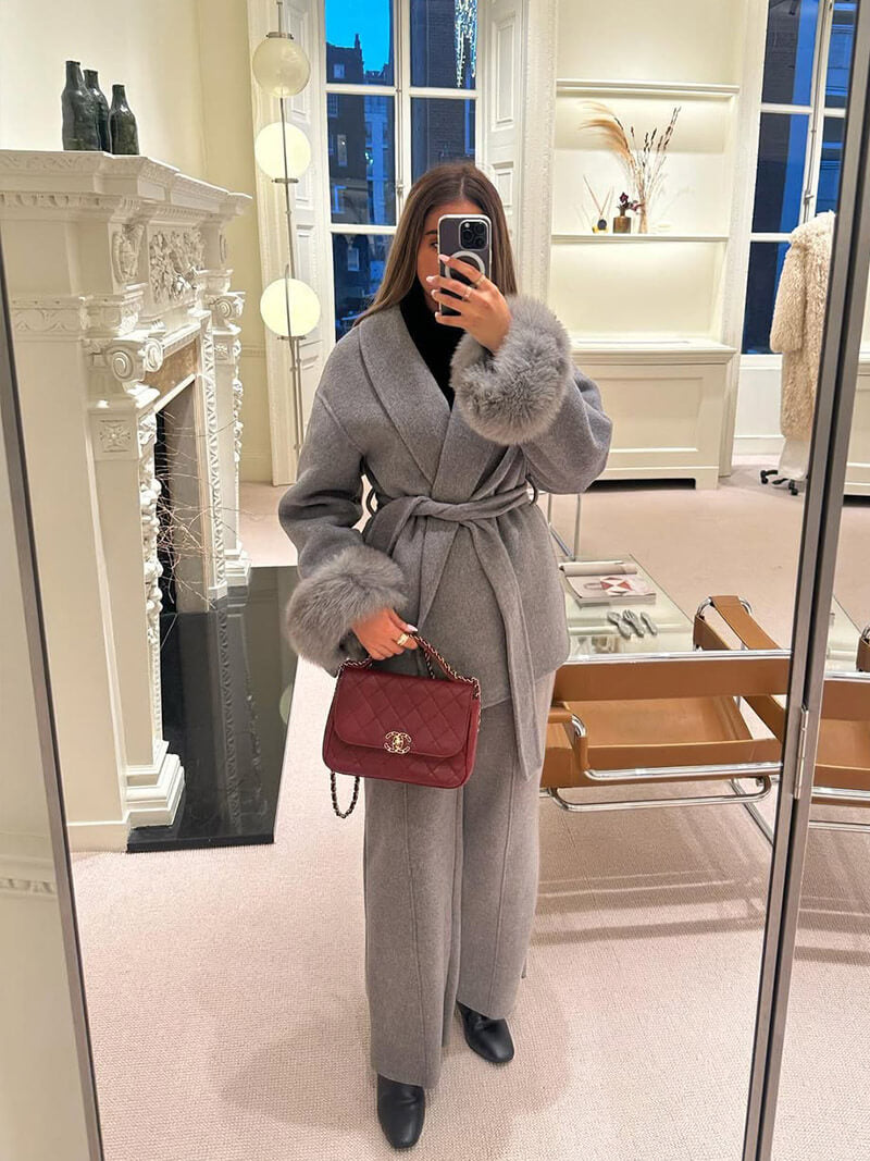 Belted Wool-Blend Wrap Coat with Faux Fur Cuffs