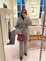 Belted Wool-Blend Wrap Coat with Faux Fur Cuffs