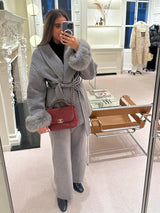 Belted Wool-Blend Wrap Coat with Faux Fur Cuffs