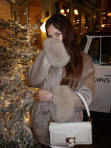 Belted Wool-Blend Wrap Coat with Faux Fur Cuffs