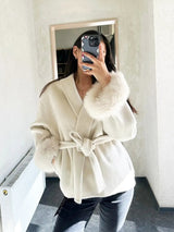 Belted Wool-Blend Wrap Coat with Faux Fur Cuffs