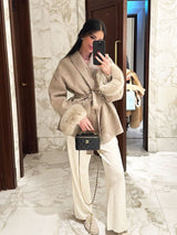 Belted Wool-Blend Wrap Coat with Faux Fur Cuffs