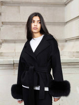 Belted Wool-Blend Wrap Coat with Faux Fur Cuffs