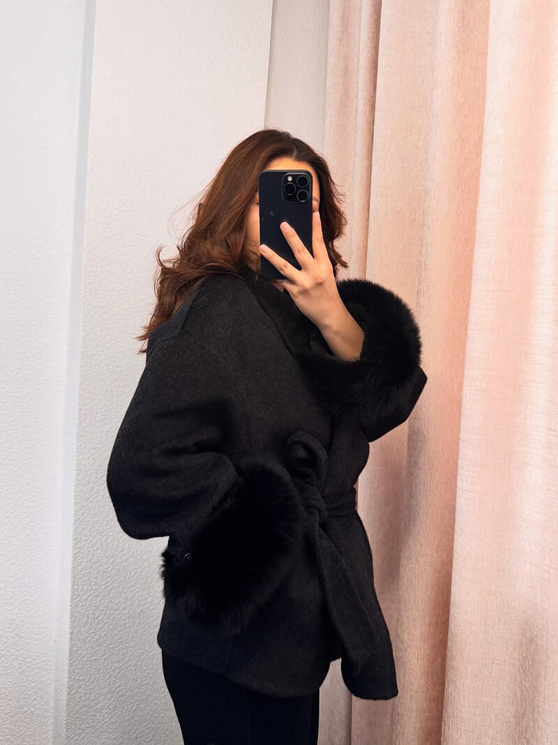 Belted Wool-Blend Wrap Coat with Faux Fur Cuffs