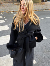 Belted Wool-Blend Wrap Coat with Faux Fur Cuffs