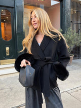 Belted Wool-Blend Wrap Coat with Faux Fur Cuffs
