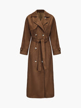 Long Faux Suede Trench Coat with Belted Waist