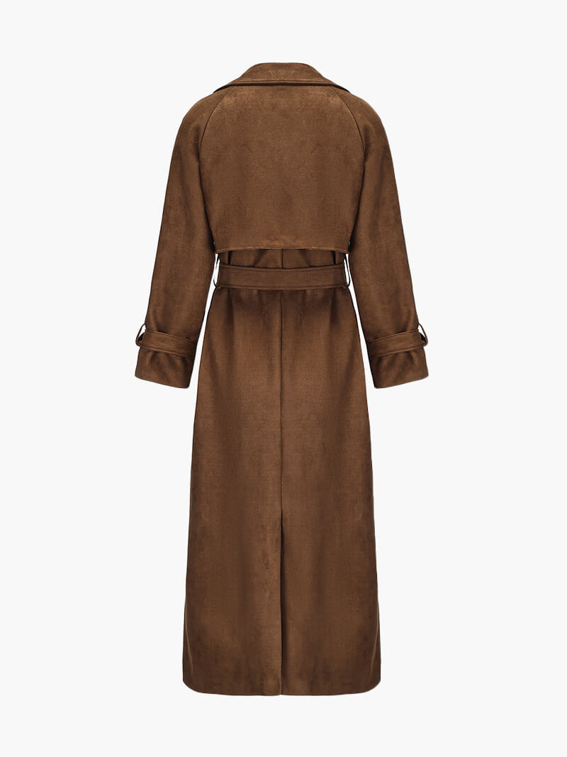 Long Faux Suede Trench Coat with Belted Waist