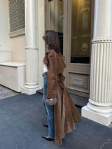 Long Faux Suede Trench Coat with Belted Waist
